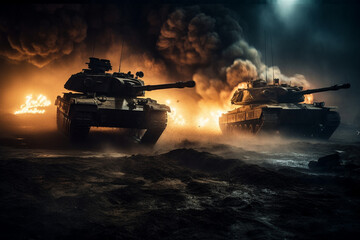 Tanks in a fierce battle with fire and smoke, representing the devastation and destruction of war. Ai generated