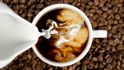 Pouring milk in coffee cup, top view