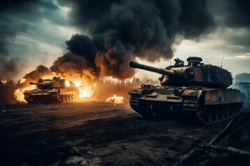 Obraz na płótnie Canvas Tanks in a fierce battle with fire and smoke, representing the devastation and destruction of war. Ai generated