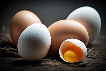 Chicken eggs, brown and white eggs on a table. Eggs ready to be used with flour and wheat in recipe on the table. Types of eggs used in cake preparation and various recipes.