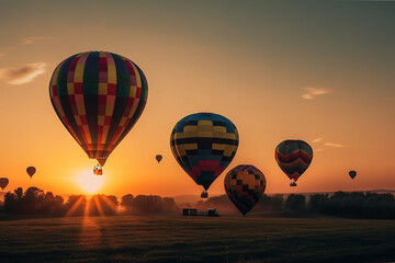 Obraz premium Hot air balloons floating in the sky at sunset, representing the beauty and wonder of air travel. AI GENERATED