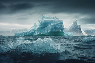 Icebergs floating in the sea. Composite with different elements made with generative AI