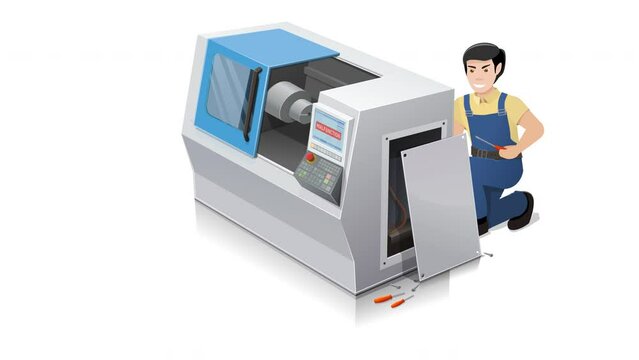 Animation loop of a repairman repairs and performs maintenance operations on a numerically controlled machine-tool on a white background, with transparency mask and alpha channel