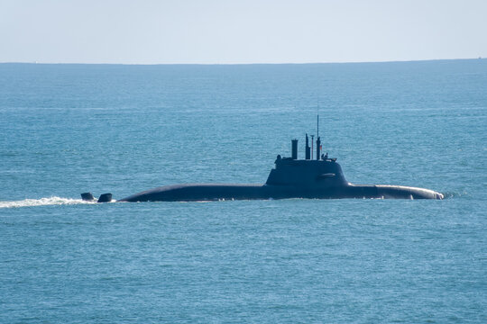 Royal Navy Submarine within the breakwater area of Plymouth Sound Devon England