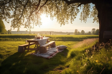 Obraz premium Lovely picnic setup in a spring nature landscape. Picnic in Nature on a sunny day. Ai generated