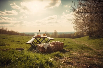 Naklejka premium Lovely picnic setup in a spring nature landscape. Picnic in Nature on a sunny day. Ai generated