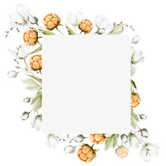 Watercolor hand painted floral banner with cloudberries, branch. Illustrations, isolated on white background for wedding invitations, greeting design