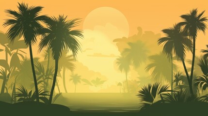Plakat Sunset with palm trees, nature, beach, illustration, vector