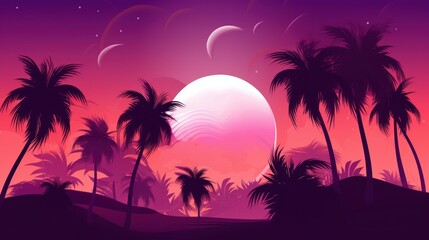 Fototapeta na wymiar Sunset with palm trees, nature, beach, illustration, vector