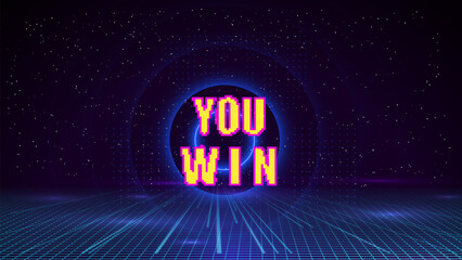 Pixel game win screen. design of you win message. Vector illustration