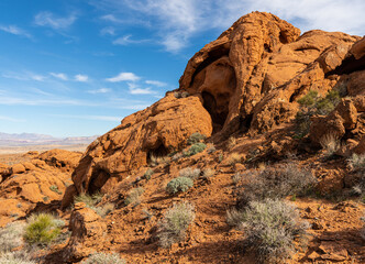 Arches and Caves Formed in The Sandstone Formations in The North East Valley, Valley of Fire State Park, Nevada, USA