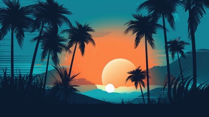 Fototapeta na wymiar Sunset with palm trees, nature, beach, illustration, vector 