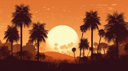 Fototapeta na wymiar Sunset with palm trees, nature, beach, illustration, vector