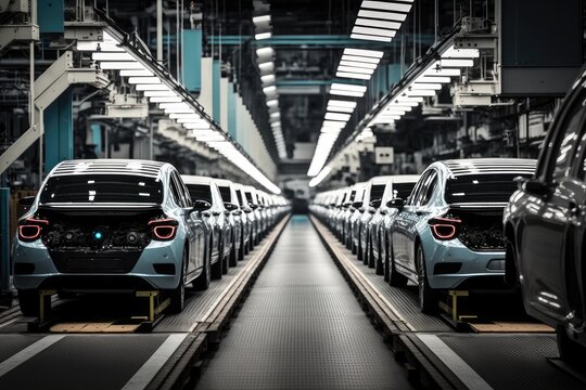 Mass production assembly line of modern cars. ai generative