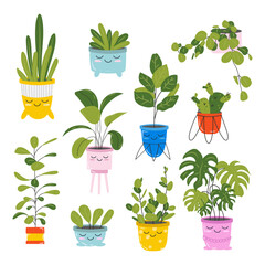 Set of cute kawaii houseplants in flower pots. Multicolored bright flowers and beautiful leaves. Exotic plants, decorative flowers. Vector stock illustration. Childrens illustration of stickers.