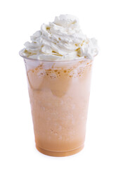 Chocolate milkshake with whipped cream on white