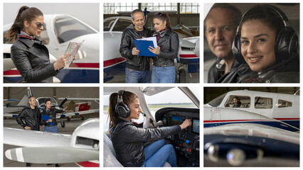 Pilot Flight Academy. Portrait of Attractive Young Woman Pilot With Headset in the Airplane Cockpit. Student Pilot and Instructor Going Through a Pre-Flight Pilot Checklist. Gender Equality at Work.
