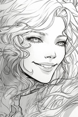 Fototapeta premium A sketch of a girl with long hair and a big smile. Generative ai