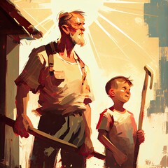 Woodcutter father and son holding axes. Generate AI.