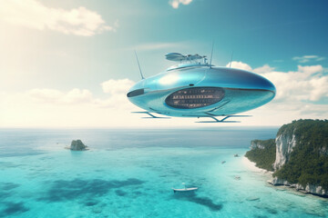 Fototapeta na wymiar City in the Sky: AI-powered Flying Cities and Spaceships over the Azure Sea