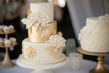Obraz na płótnie Canvas Wedding cake with flower details on a tableWhat does wedding cake mean?