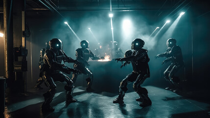 Fototapeta na wymiar Robots dance at a nightclub. AI generated