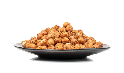 Nut Kernels, Hazelnuts Pile on Plate Isolated, Healthy Organic Nuts Group, Nut Kernels on White