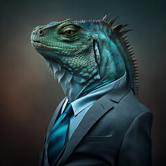 iguana in the bussiness suit profesional - obrazy, fototapety, plakaty