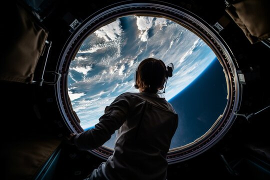 An astronaut looking out a window of the ISS, with Earth in the background , Non-existent person in generative AI digital illustration, Generative AI