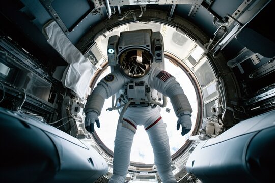 An astronaut inside a space shuttle, floating in zero gravity Generative AI