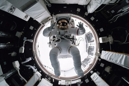 An astronaut inside a space shuttle, floating in zero gravity Generative AI