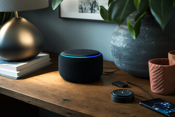 Echo from Amazon Alexa on the table. Alexa is a virtual personal assistant developed by Amazon with the aim of assisting in the execution of some everyday tasks. The user interacts through speech. - obrazy, fototapety, plakaty