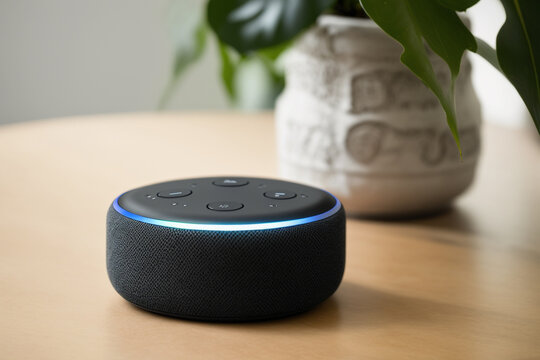 Echo from Amazon Alexa on the table. Alexa is a virtual personal assistant developed by Amazon with the aim of assisting in the execution of some everyday tasks. The user interacts through speech.