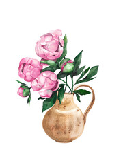 Clay jug with bouquet peonies and leaves. Hand drawn watercolor illustration. Home comfort, hygge. Postcards, invitation, design elements, wrapping paper, tableclothes, textile
