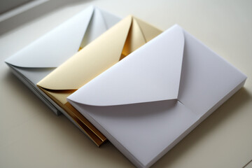 White envelopes on the table. An envelope or envelope is a covering made of paper or other material to store letters, documents or printed matter of any other nature to be sent by post.