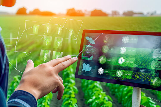 Smart agriculture technology display. Technician checking organic food production, data analysis, productivity, quality control. Futurist farming, innovation, agroindustry, agribusiness. Generative AI
