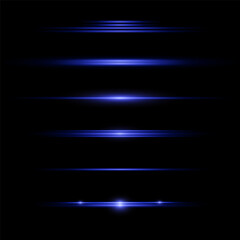 A set of horizontal highlights. Laser beams, horizontal light beams. Beautiful light flashes. Glowing stripes on a dark background.