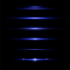 A set of horizontal highlights. Laser beams, horizontal light beams. Beautiful light flashes. Glowing stripes on a dark background.