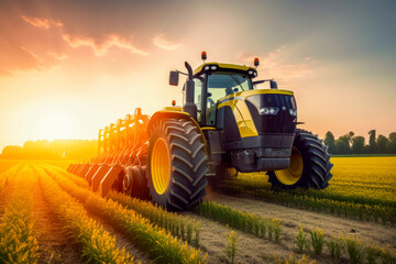 Yellow tractor driving across a large field for harvesting crop in countryside. Agricultural vehicle working at sunset, golden hour. Farming, agriculture, agronomy and soil concept. Generative AI. . - obrazy, fototapety, plakaty