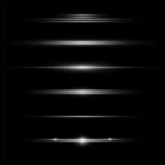 A set of horizontal highlights. Laser beams, horizontal light beams. Beautiful light flashes. Glowing stripes on a dark background.