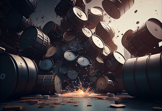 Falling barrels for oil. Hangar with collapsing metal barrels. Fuel industry crisis concept. Empty barrels fall down. Fall of strategic oil reserves. Reducing production of oil. Generative AI