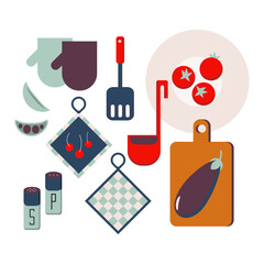 Vector image of kitchen tools and vegetables on a white background.