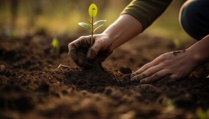 Fototapeta premium A person planting trees or flowers, contributing to the global effort to reforest and restore natural habitats. Generative AI