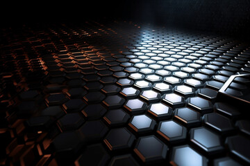 Obraz premium Beautiful metal hexagonal futuristic abstract shapes wallpaper background design texture pattern. Decorative metallic design decoration. Ai generated