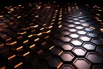 Fototapeta premium Beautiful metal hexagonal futuristic abstract shapes wallpaper background design texture pattern. Decorative metallic design decoration. Ai generated