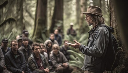 Obraz premium A person educating others about environmental conservation, such as giving a talk or leading a workshop. Generative AI