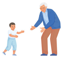 Fototapeta premium Old man playing with little boy. Happy kid with grandfather