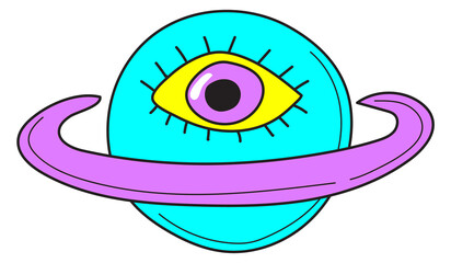 Psychedelic planet with eye. Retro pop art sticker
