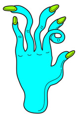 Zombie hand. Neon green sticker. Funny art