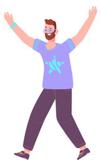 Happy man in disco glasses. Party person with raised hands